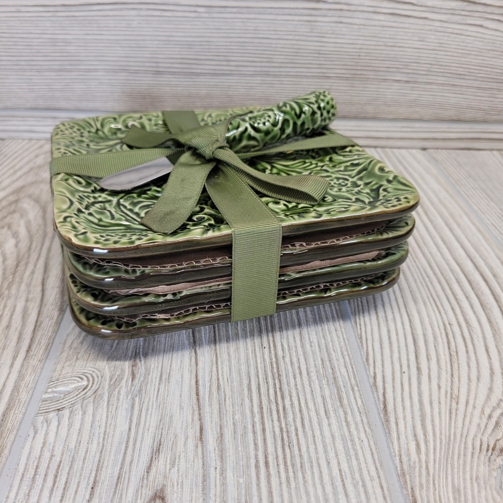 Grasslands Road Just A Taste 4 Appetizer Cheese Plate Set Square Green 6 in - Picture 4 of 6